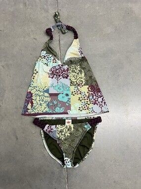 Lucky Brand Patchwork Halter Tankini Bikini Set Floral Boho Y2K S/M